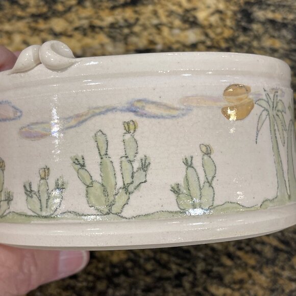 Vtg Handcrafted Lynn Gray Signed Art Pottery Desert Cactus Bowl Rim Pinch Deco - Picture 16 of 16
